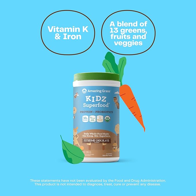 Amazing Grass Kidz Superfood: Vegan Protein & Probiotics for Kids with Beet Root Powder & 1/2 Cup of Leafy Greens, Extreme Chocolate, 15 Servings