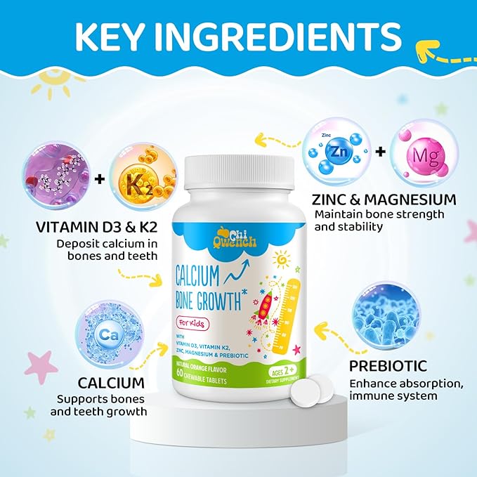 500 MG Calcium Supplement with Vitamin D3 & K2, Zinc, Magnesium & Prebiotics. Kids Vitamins for Kids' Height. Bone Strength, High Absorption, Orange Chewables, Gluten Free, 60 Tabs