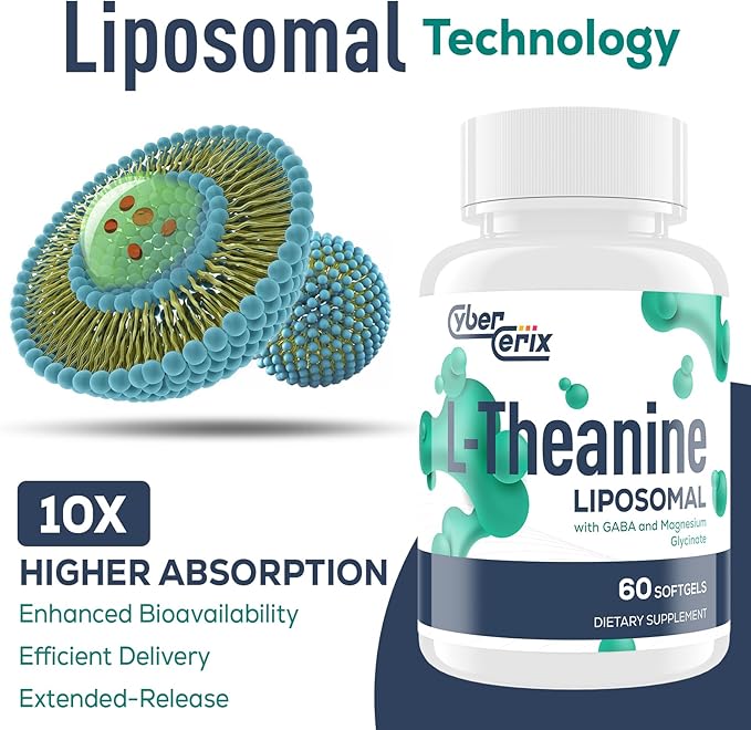 Liposomal L-Theanine 500mg, Complex with GABA 200mg & Magnesium 100mg, Extra Strength Supplement for Calm, Relaxation & Focus, Gluten Free - 60 Capsules