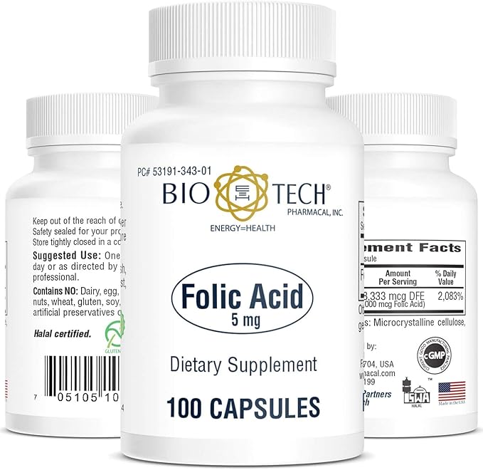 Folic Acid 5mg - BioTech Pharmacal - 100 Capsules - Pack of 2