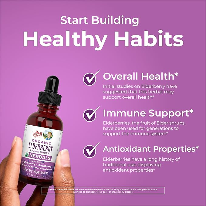 MaryRuth Organics Elderberry Syrup | USDA Organic | Sugar Free Immune Support Supplement for Adults & Kids, Ages 1 | Vegan, Non-GMO, Immune Boosters, Clean Label Project Verified | 1 Fl Oz