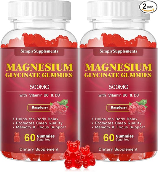 Magnesium Glycinate Gummies 500mg, Chewable Magnesium Supplement with Vitamin D3, B6, CoQ10 for Relaxation, Sleep & Mood Support, Calm Magnesium Gummies - 60 Raspberry Gummies（2 Pack)