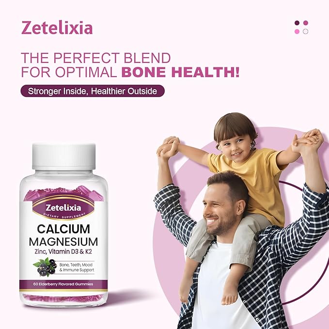 Calcium Gummies with D3, Calcium Magnesium Supplement with Glycinate,Potassium,Vitamin D3 & K2, &Whole Natural Food for Bone & Immune Support- 120 Chewable Gummy Elderberry Flavor