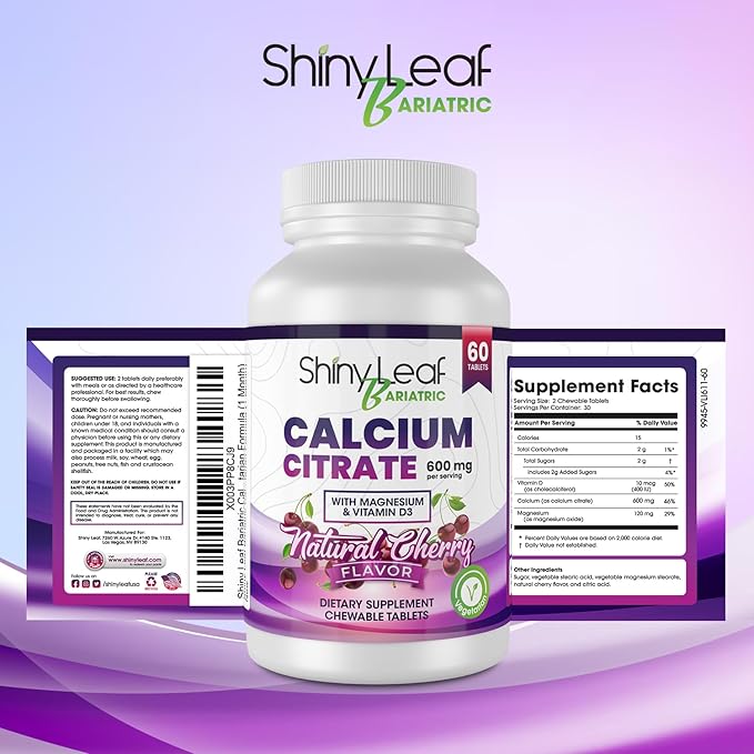 Shiny Leaf Bariatric Calcium Citrate Chews - 600mg, with Vitamin D 3 Plus Magnesium - Chewable Supplements for Women and Men, Bariatric Patients Vitamins for Bone and Joints Health, 60 Count, Cherry