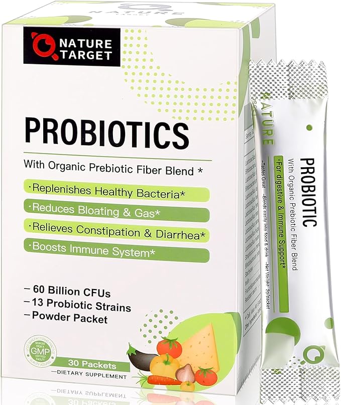 NATURE TARGET Probiotics for Women-Men-Kids Probiotic Powder 60 Billion CFUs 13 Strains - Prebiotics and Probiotics for Digestive Health, Shelf Stable, Non-GMO, Gluten Free 30 Packets