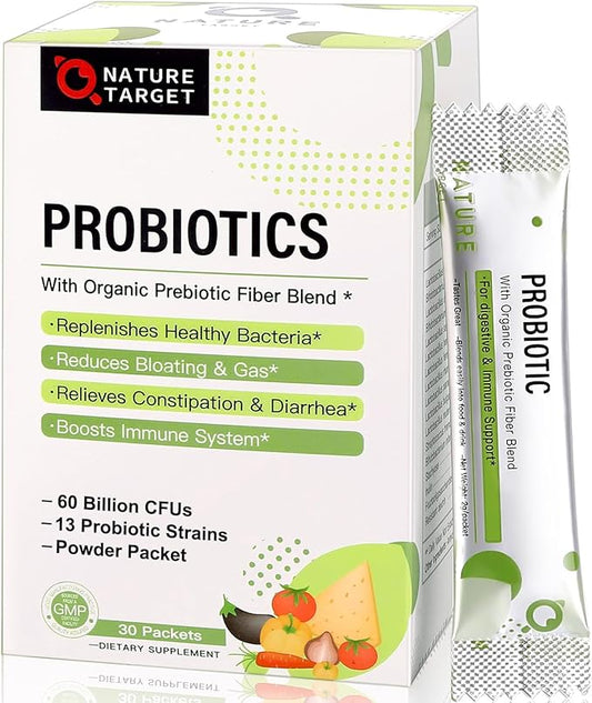 NATURE TARGET Probiotics for Women-Men-Kids Probiotic Powder 60 Billion CFUs 13 Strains - Prebiotics and Probiotics for Digestive Health, Shelf Stable, Non-GMO, Gluten Free 30 Packets