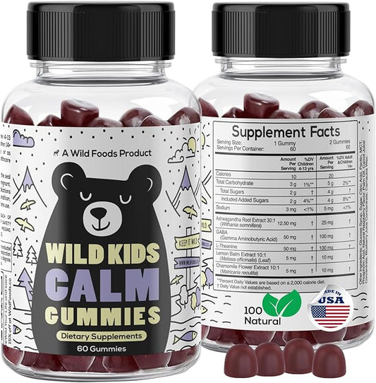 Wild Foods Ashwagandha Gummies for Kids w/GABA, L-Theanine & Charmomile Support Natural Relaxation & Sleep – Non-GMO, Easy to Chew and Gentle on Stomach – 60 Berry Flavored Gummies