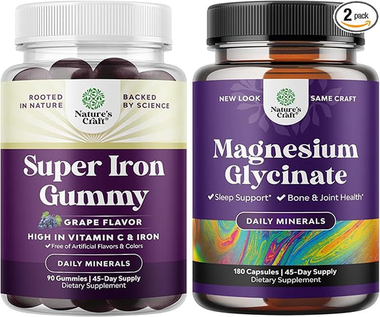 Bundle of Delicious Iron Gummies for Women and Men - Iron Supplement for Women and Men with Vitamin C and Pure Magnesium Glycinate 400mg Per Serving - for Mood Sleep and Relaxation