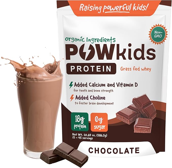 Kids Protein Powder – Zero Sugar, 18g Grass-Fed Whey Proteins, Organic Ingredients – Calcium & Choline for Bone Strength & Brain Development, Teens Shake, 15-45 Servings – Chocolate