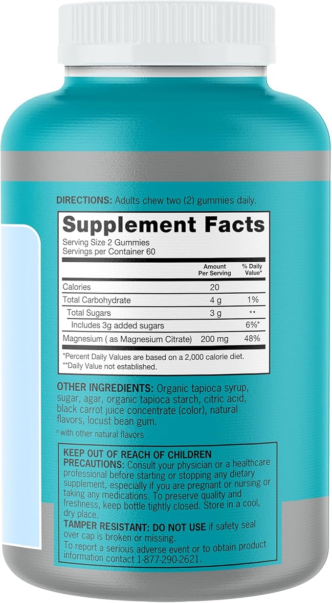 Qunol Magnesium Gummies for Adults, 200mg Elemental Magnesium (from 1,750mg Magnesium Citrate), High Absorption Magnesium Supplement, Supports Nerve, Bone and Muscle Health, Vegetarian, 120 Count
