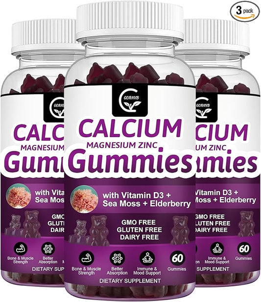 Calcium Magnesium Zinc Gummies with High Absorption Magnesium Glycinate Potassium - Plant Complex Calcium Magnesium 2:1 Ratio, with D3 Sea Moss for Bone, Muscles, Immune & Sleep Support, Vegan-3 Pack