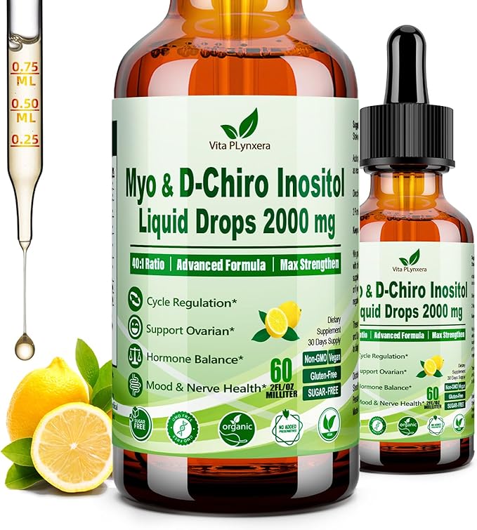 Myo & D-Chiro Inositol Supplement For Women, 40:1 Ratio Inositol Complex w. Multivitamin Chasteberry for Hormone Balance, Ovarian & Cycle Health* Liquid Drops 6x Stronger than Pills Powder
