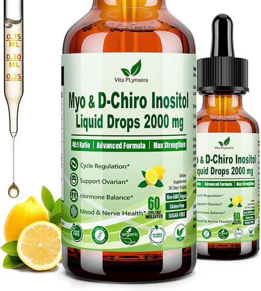 Myo & D-Chiro Inositol Supplement For Women, 40:1 Ratio Inositol Complex w. Multivitamin Chasteberry for Hormone Balance, Ovarian & Cycle Health* Liquid Drops 6x Stronger than Pills Powder
