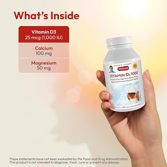 ANDREW LESSMAN Vitamin D3 1000 IU 180 Capsules - High Potency, Essential for Calcium Absorption, Supports Bone Health, Healthy Muscle Function, Immune System, More. Small Easy to Swallow Capsules