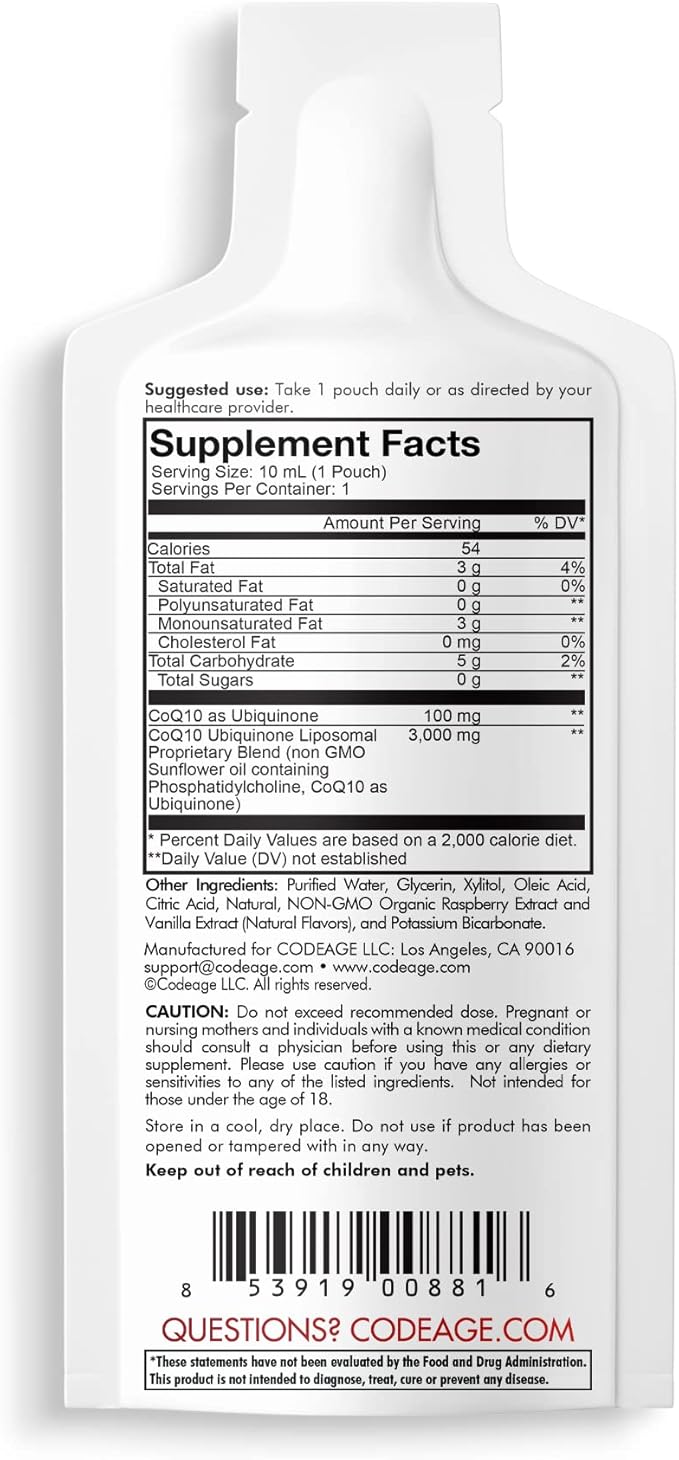 Codeage Wonder Heart Liquid CoQ10 Liposomal Ubiquinone Supplement, Coenzyme Q10 Heart Vitamins, Non-GMO Sunflower Phosphatidylcholine Vegan Blend, Raspberry Flavored Softgel, Pack of 30 Pouches
