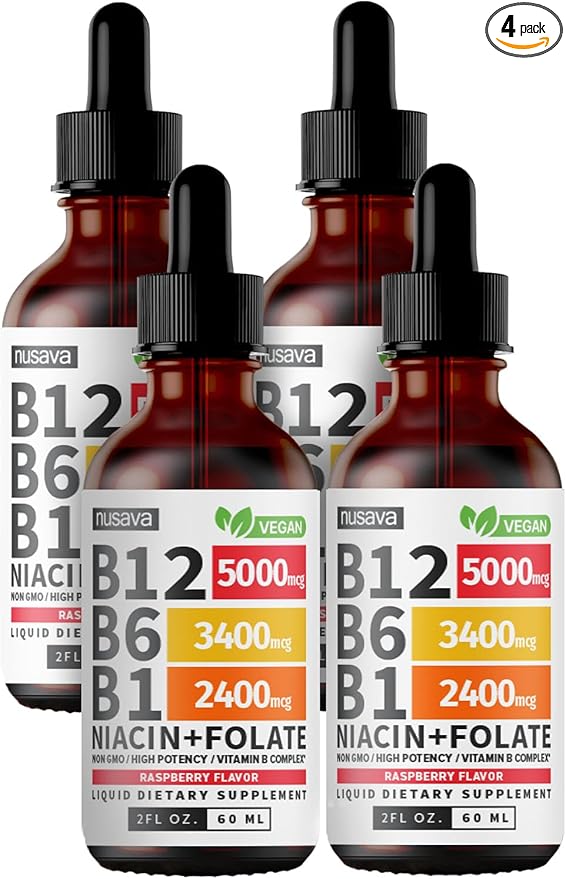 (4 Pack) Vitamin B12 and B6 Liquid Drops, B12 Sublingual Vitamin B Complex - B 12 Vitamin 5000mcg - B12 Methylcobalamin for Energy, Brain, and Heart Support with 27,200 mcg, Raspberry, 80 Servings