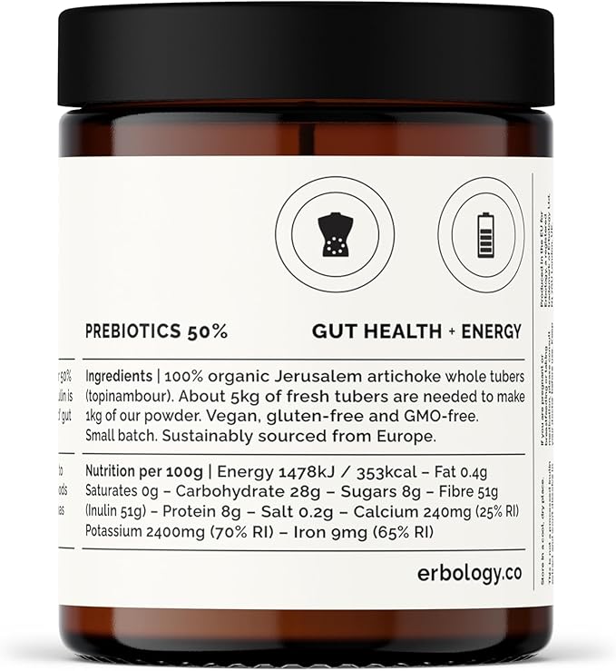 Erbology Organic Jerusalem Artichoke Powder 3.2 oz - 45 Servings - Sunchoke - 50% Prebiotic Inulin Fiber - Supports Gut Health and Promotes Diverse Microbiome - Feed Good Bacteria - Gluten-Free