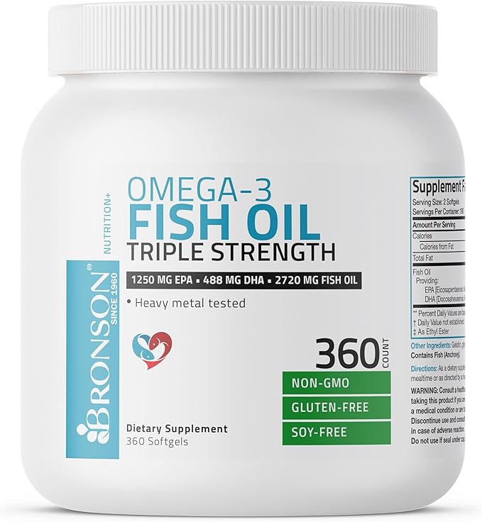 Bronson Omega 3 Fish Oil Triple Strength 2720 mg, High EPA 1250 mg DHA 488 mg, Non-GMO Heavy Metal Tested, 360 Softgels