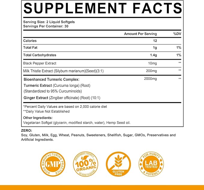 5 in 1 Turmeric Curcumin Softgels 2000mg with Milk Thistle Seed Extract & Black Pepper, Ginger Root - Immune, Liver Support - 95% Curcuminoids - Turmeric and Ginger Supplement Softgel Capsules
