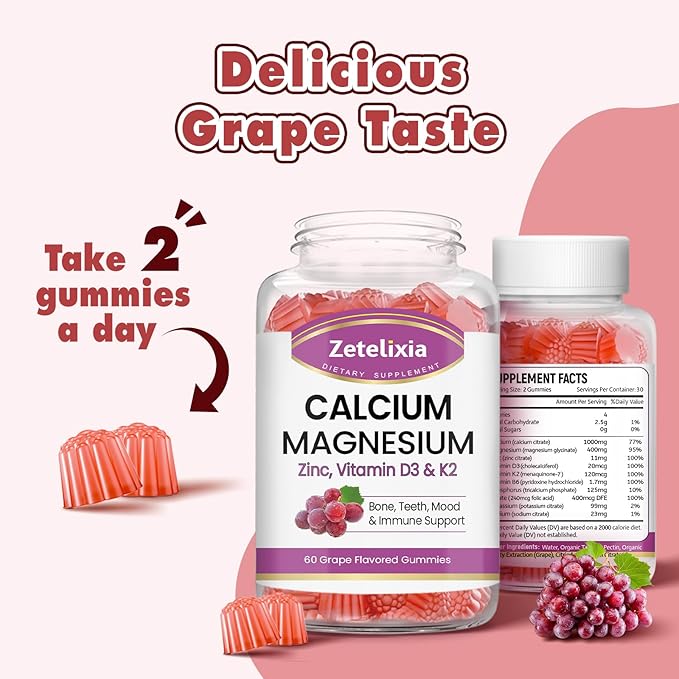 Calcium Gummies, Calcium Magnesium Zinc with Vitamin D3 & K2, Calcium Magnesium Supplement for B0nes Muscles, Grape Flavor - 60 Count