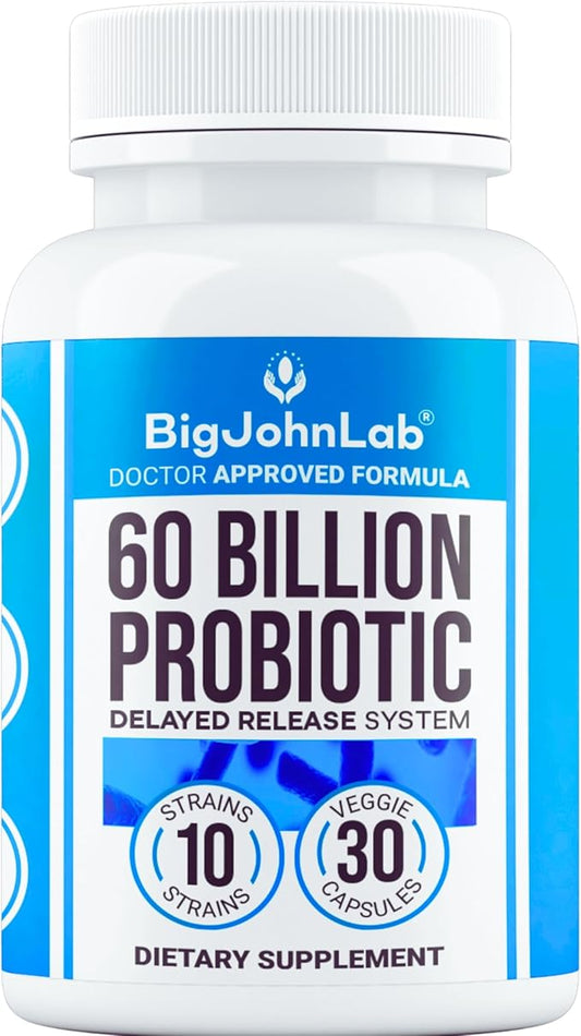 BIGJOHNLAB® - Probiotics 30capsules 1month Supply Women & Men 60 Billion CFU 10 Strains + Organic Prebiotics Immune, Digestive Gut Health Supports Occasional Constipation, Diarrhea, Gas & Bloating