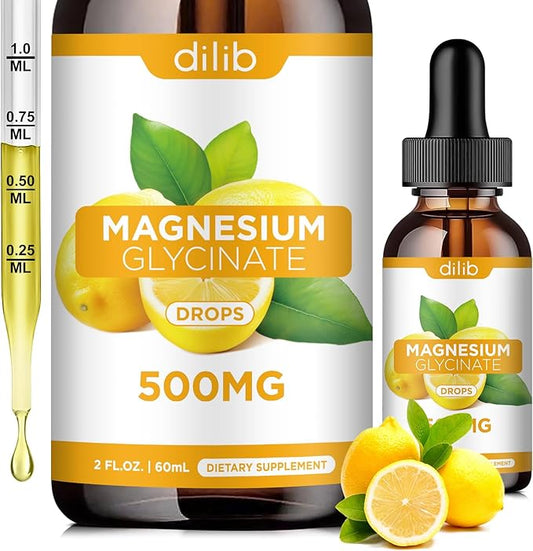 Magnesium Glycinate Supplement, Magnesium Glycinate Liquid Drops 500mg with Calcium, Zinc, Vitamin B6, D3, L-Theanine, Omega 3 for Sleep, Mood, Stress Relief, Bone, Muscle, Lemon Flavor