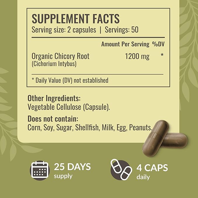 HERBAMAMA Chicory Root Fiber Capsules - 1200mg Chicory Root Powder for Gut Cleanse & Digestive Support - Vegan, Non-GMO Inulin Prebiotic Fiber Supplement, 100 Caps