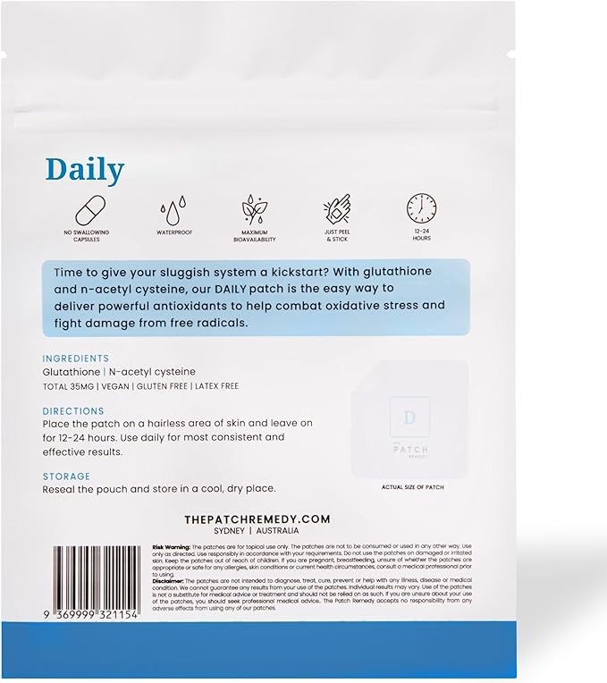 The Patch Remedy Daily Glutathione Patch - 30 Topical Glutathione Patches Plus NAC with Glutathione (Antioxidant) and N-Acetyl-Cysteine, Skin Sticker Cleanse Patch Transdermal