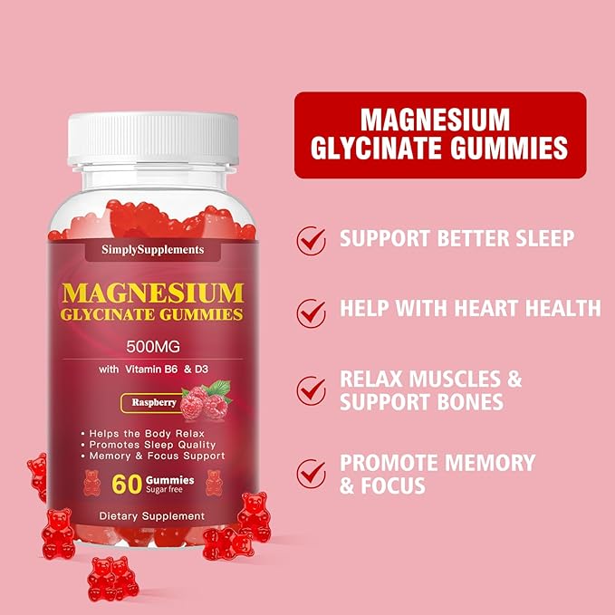 Magnesium Glycinate Gummies 500mg, Chewable Magnesium Supplement with Vitamin D3, B6, CoQ10 for Relaxation, Sleep & Mood Support, Calm Magnesium Gummies - 60 Raspberry Gummies（2 Pack)