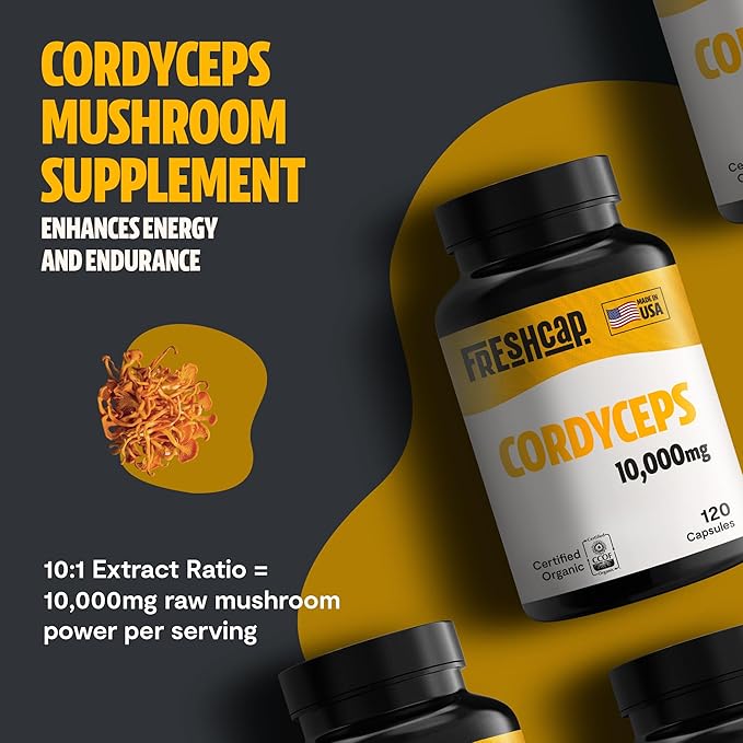 FreshCap Cordyceps Mushroom Capsules 10,000mg - Cordyceps Extract Mushroom Supplement, Mushroom Extract, Energy Supplements, Ayurveda Nootropic Mushroom Supplements (120 Capsules)