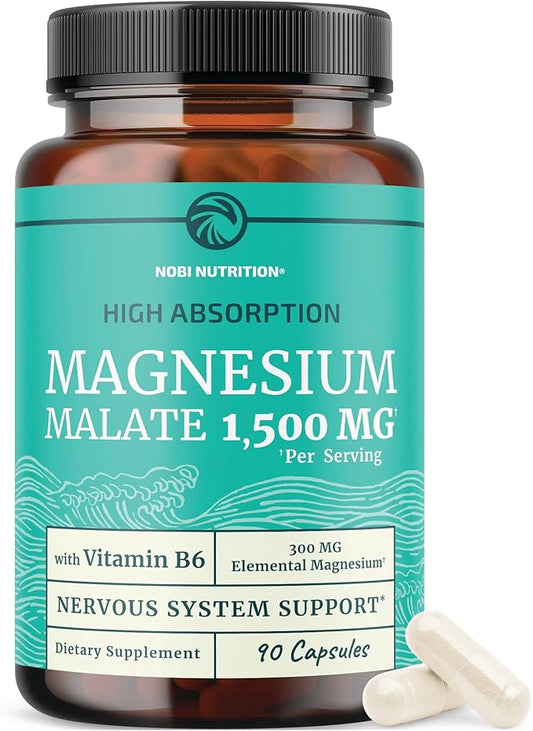 Magnesium Malate 1500MG | Energy & Nervous System Support | 300MG Elemental Mag Per Serving | High Absorption Magnesium Malate Capsules with VIT B6 + Black Pepper | Non-GMO | 90 Ct (1 Month Supply)