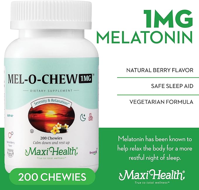 Chewable Melatonin, Kosher Berry Flavor, 1mg Melatonin for Adults or Teens, Natural Aid for Adults, Melatonin Chewables Alternative to Melatonin Gummies Higher 1 mg Dose, Maxi Health (200 Count)
