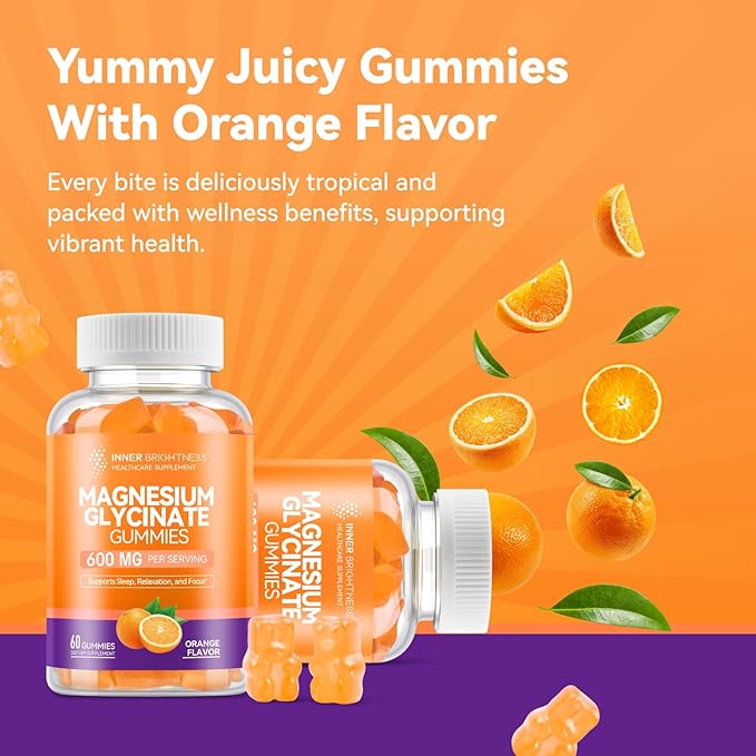 Magnesium Glycinate Gummies 600mg, Non-GMO, Gluten-Free, Magnesium Gummies for Adults & Kids, Sleep, Relaxation & Focus, Orange Flavor, 60 Count