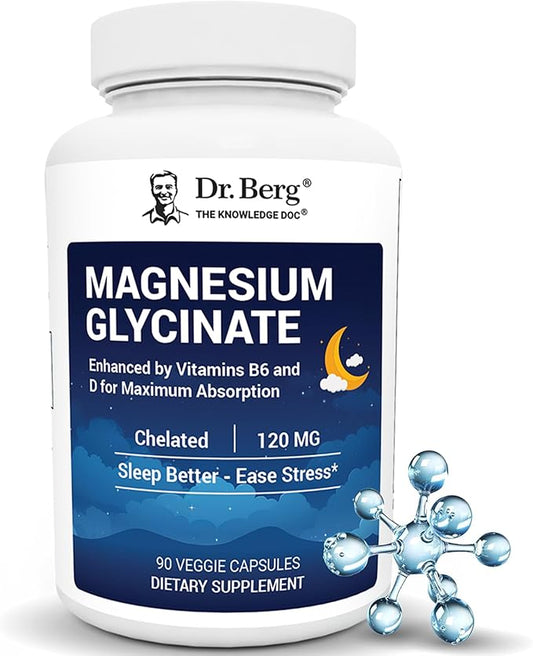 Dr. Berg Magnesium Glycinate with Vitamin D, B6 & Zinc for Stress Relief, Calm, Relaxation, & Good Sleep* - 120 mg Per Magnesium Bisglycinate Capsule - Chelated Magnesium Glycinate - 90 Caps