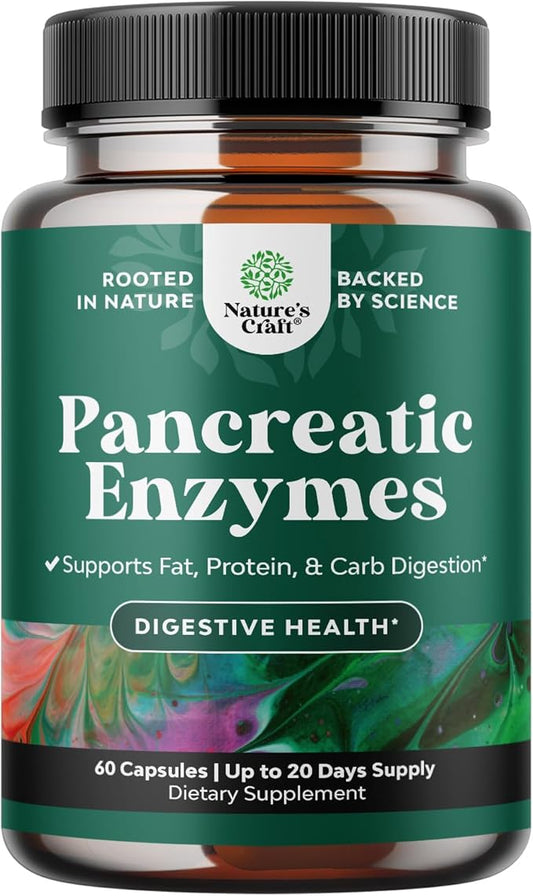 Pancreatin Digestive Enzymes for Digestive Health - Pancreatic Enzymes for Humans with Fat Carb and Protein Digestive Enzymes for Women and Men - Protease Amylase & Lipase Enzymes for Digestion - 60ct