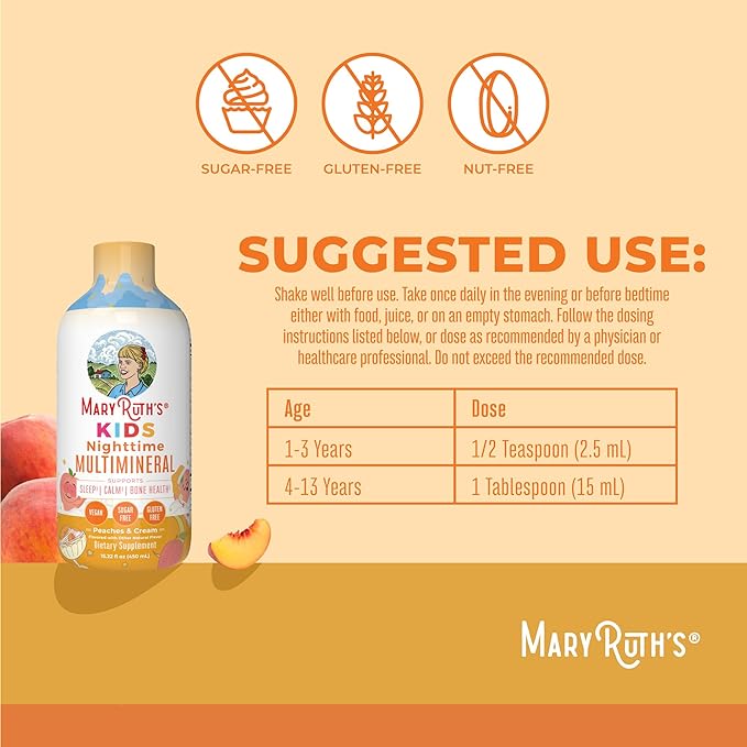 Kids Liquid Nighttime Multimineral by MaryRuth's | Kids Vitamins | Bone Health | Calm Calcium Magnesium Supplement | Muscle Relaxation | Vegan | Sugar Free | 30-180 Servings | 15.22 fl oz