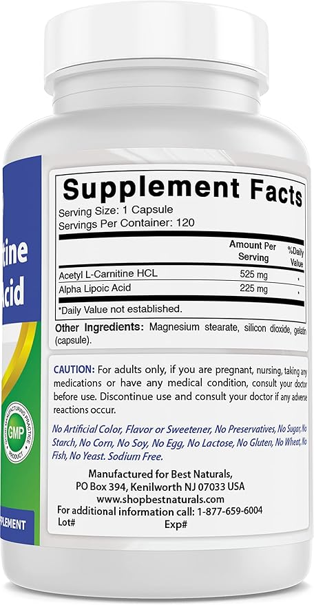 Best Naturals Acetyl L-Carnitine and Alpha Lipoic Acid 750 mg 120 Capsules (120 Count (Pack of 2))