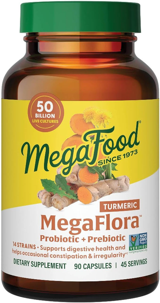 MegaFood MegaFlora Probiotic + Prebiotics + Turmeric Supplement - Probiotics for Women Digestive Health - 50 Billion CFUs - 14 Strains - Vegetarian - 90 Capsules (45 Servings)