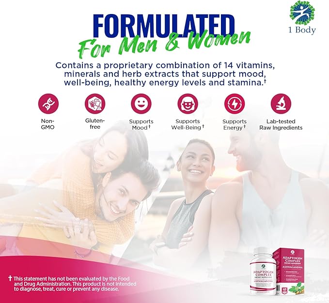 1 Body Ashwagandha Complex Supplement, Focus and Energy Support, 120 Vegan Capsules