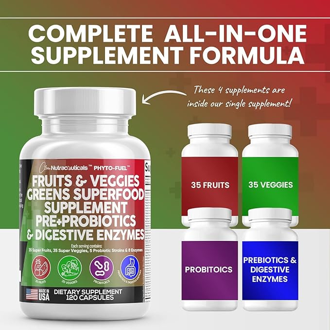 Clean Nutraceuticals Fruits and Veggies Supplement Reds & Green Superfood - Balance of Over 70 Fruit & Vegetable Supplements Capsules with Probiotics Prebiotics Digestive Enzymes - 3Pack