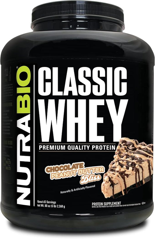 NutraBio Classic Whey Protein Powder- 25G Protein Per Scoop -No Fillers, Artificial Colors, Preservatives - Low Glycemic Index - (Chocolate Peanut Butter, 5 Pounds)