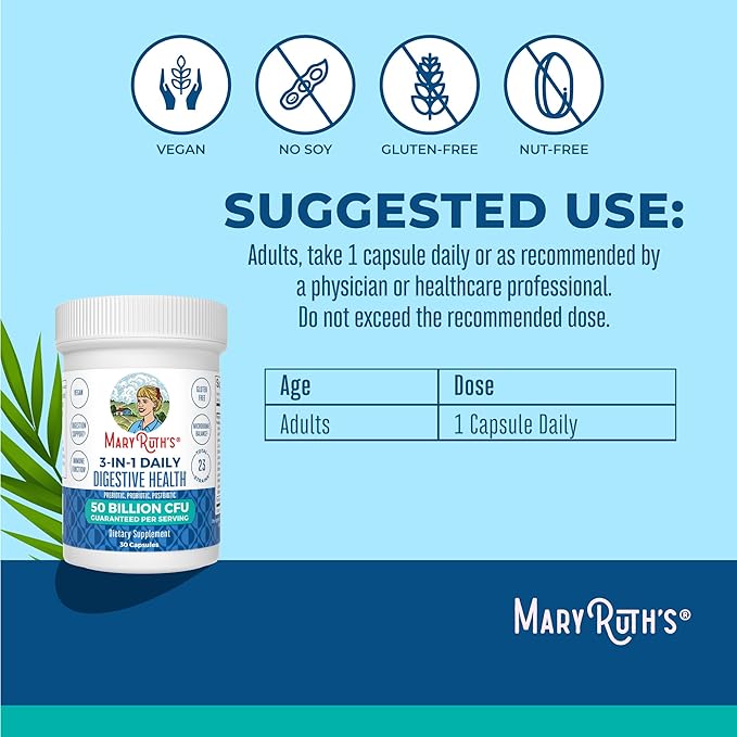 MaryRuth Organics 3 in 1 Probiotics for Digestive Health | Prebiotic & Postbiotic | Gut Health Supplement for Women & Men | Powder Probiotics for Women | Immune Support | 50 Billion CFU | 0.5 oz