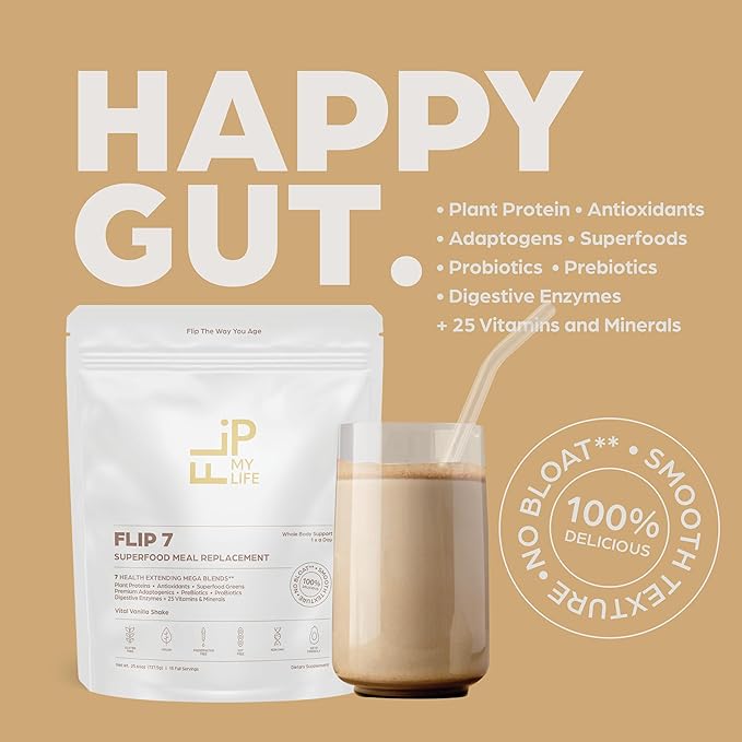 Flip 7 Natural SuperFood, Plant-Based Protein, Complete Meal Replacement to Support Healthy Gut, 7 Mega Nutrient Rich Blends all in one to AGE BETTER - Vanilla