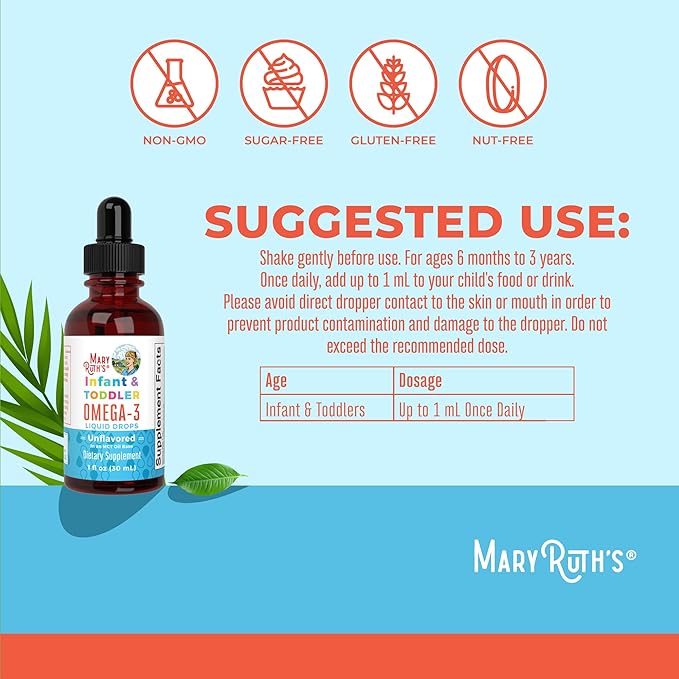 MaryRuth Organics Infant and Toddler Omega-3 Liquid Drops by | 200mg DHA and 2mg EPA Per Serving | Overall Wellness and Healthy Development | Unflavored | 1 Fl Oz