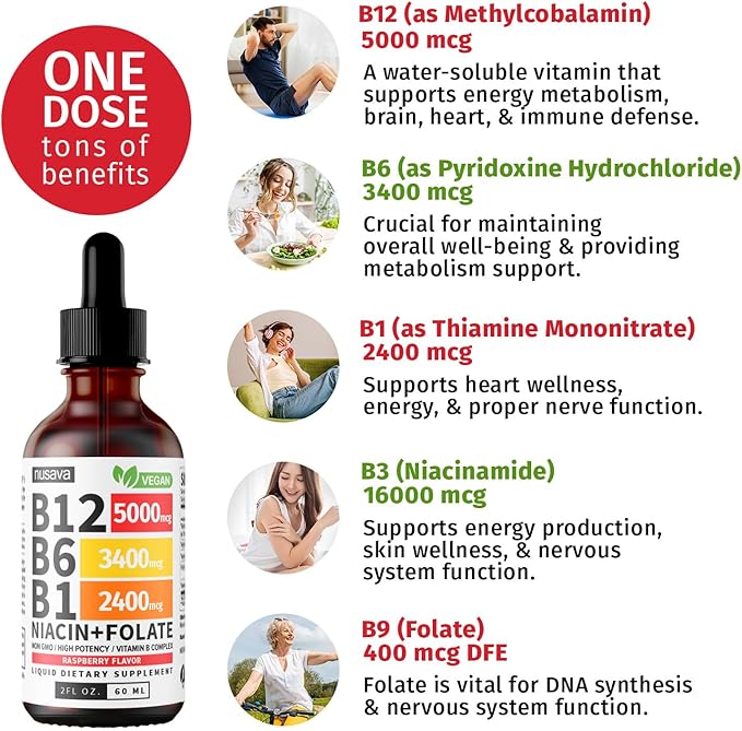(2 Pack) Vitamin B12 and B6 Liquid Drops, B12 Sublingual Vitamin B Complex - B 12 Vitamin 5000mcg - B12 Methylcobalamin for Energy, Brain, and Heart Support with 27,200 mcg, Raspberry, 80 Servings