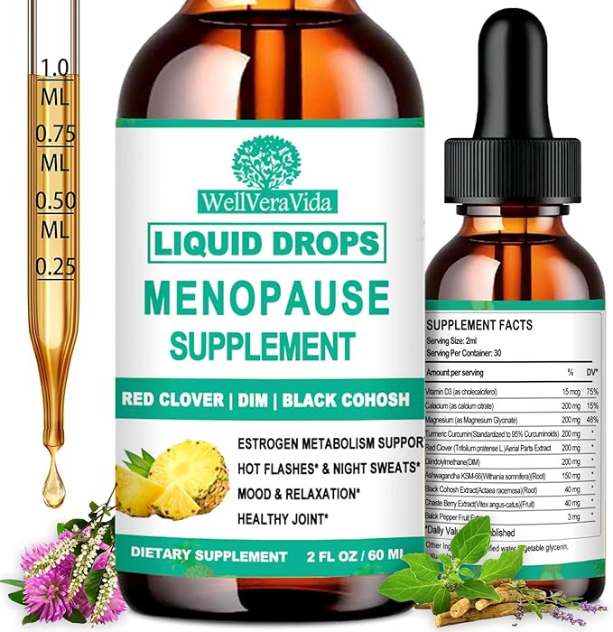 10-in-1 Menopause Supplements for Women, Complete Menopause Vitamins w. Black Cohosh Ksm66 Ashwagandha Red Clover For Hot Flashes Night Sweats Mood Swings, Liquid Menopause Potency than Capsules Pills