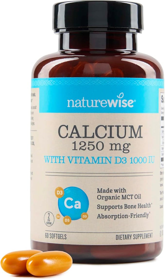 NatureWise High-Purity, All-Natural Calcium 1250mg + Vitamin D3 1000IU + Organic MCT Coconut Oil - Pregnancy Safe + Non-GMO - Absorption Friendly, Gluten Free - 60 Softgels[30-Day Supply]