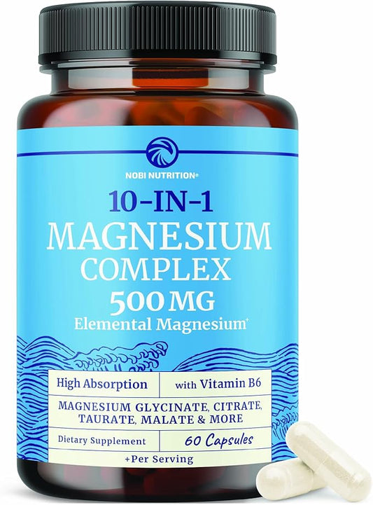 10 in 1 Magnesium Complex Supplement 500MG | Magnesium Citrate, Mag Glycinate, Malate & More | High Absorption Mag Complex with Vitamin B6 | Bone, Muscle & Heart Health Support | Non-GMO | 60 Ct.