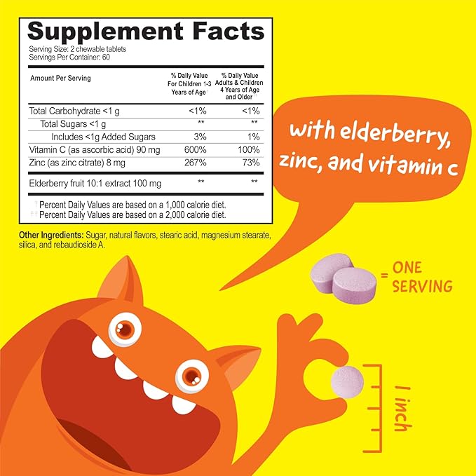 Kids Elderberry With Zinc and Vitamin C - Immune Support Supplement Chewable Tablets - Tasty Natural Mixed Berry Flavor - Vegan, Vegetarian, Gluten Free, Non-GMO, for Children, 120 Chewables