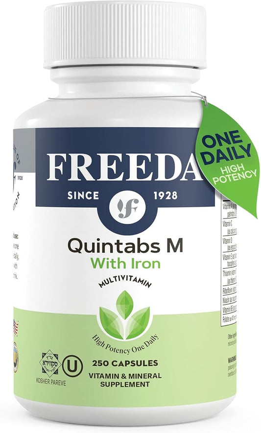 FREEDA Multivitamin One Daily – Quintabs-M with Iron – Kosher Multi Vitamins Supplements for Women Health - Multivitamins for Women & Iron-Deficient Men Adult Vitamins Multivitamin (250)